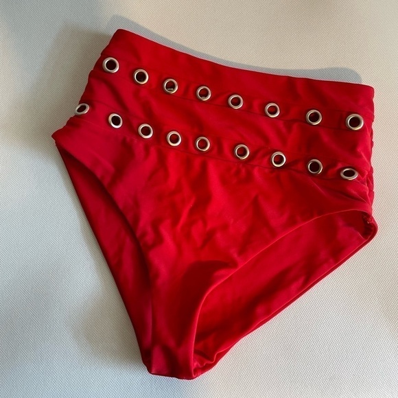 Lovers and Friends Swim Suit Bikini Bottom XXS Red High Waisted Grommets - Picture 2 of 5